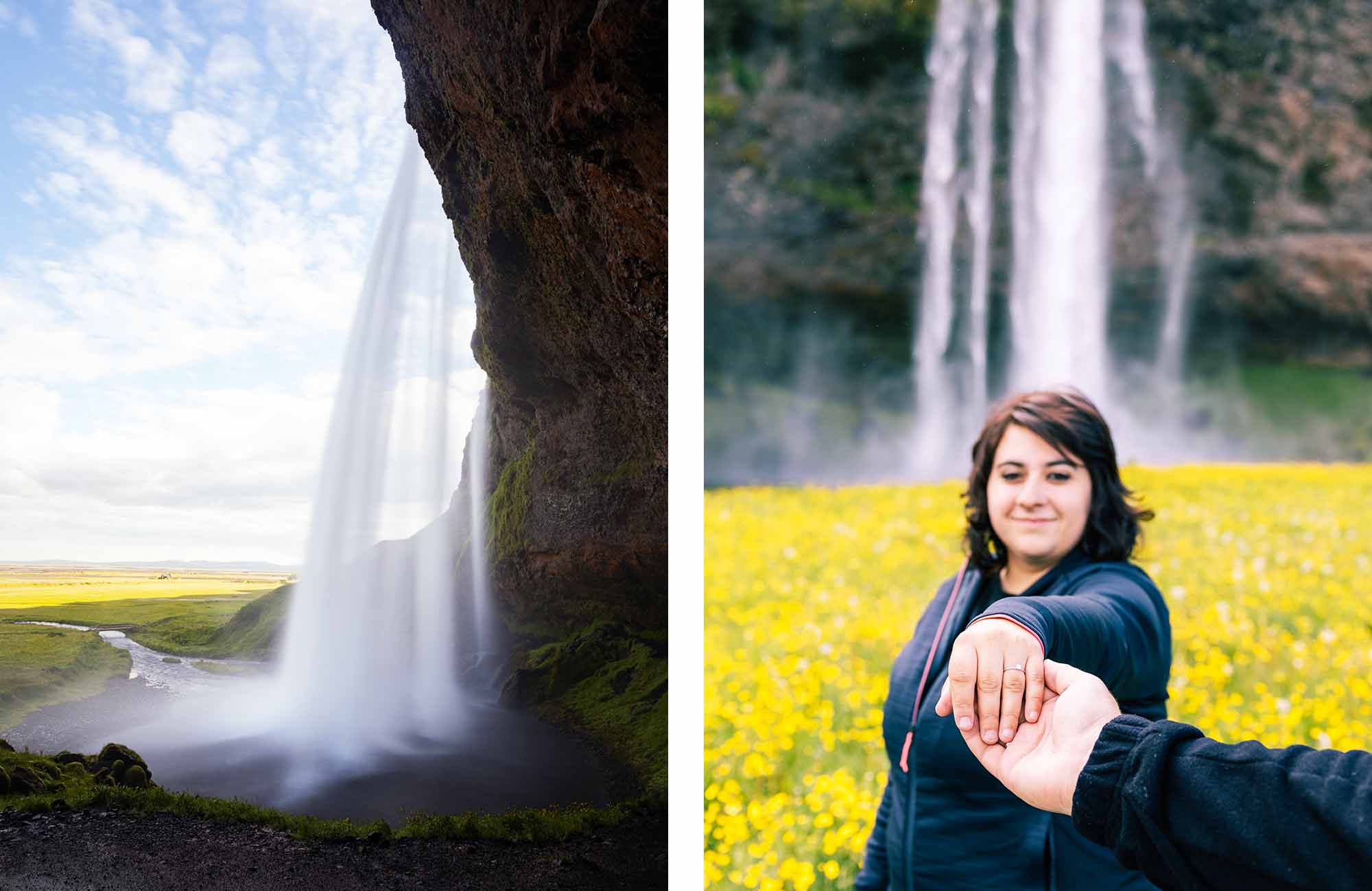 Demande en mariage sous la cascade de Seljalandsfoss en Islande