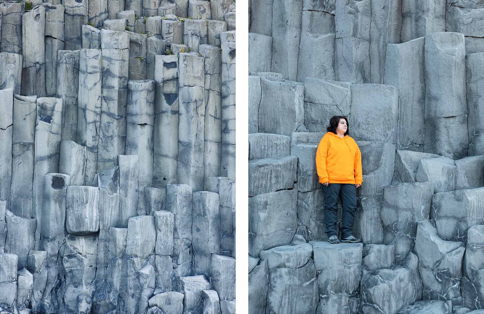 Colonnes de basalte depuis la plage de sable noir de Reynisfjara en Islande